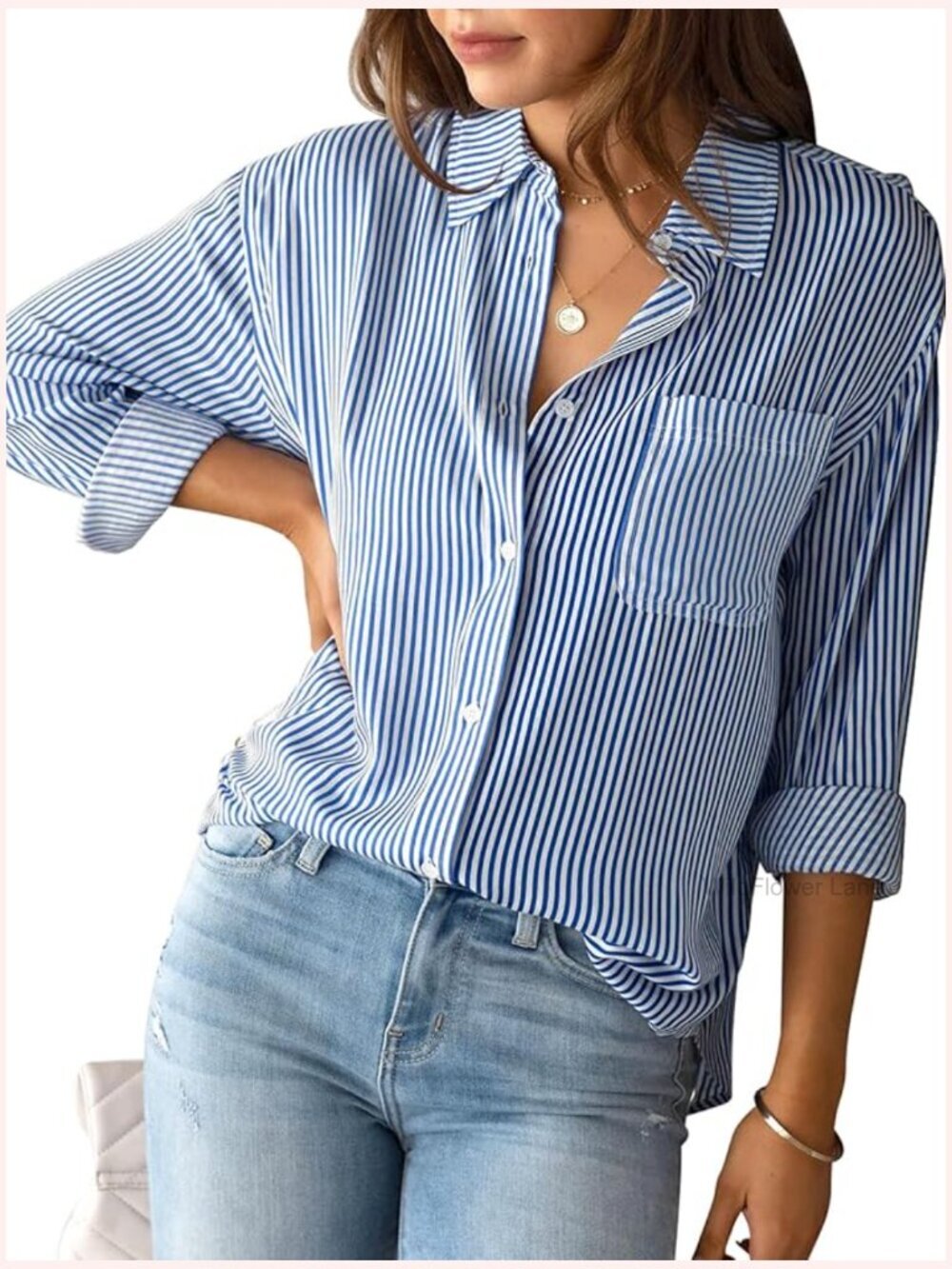 Button Down Striped Long Sleeve Shirt with Pocket Oversized Blouse